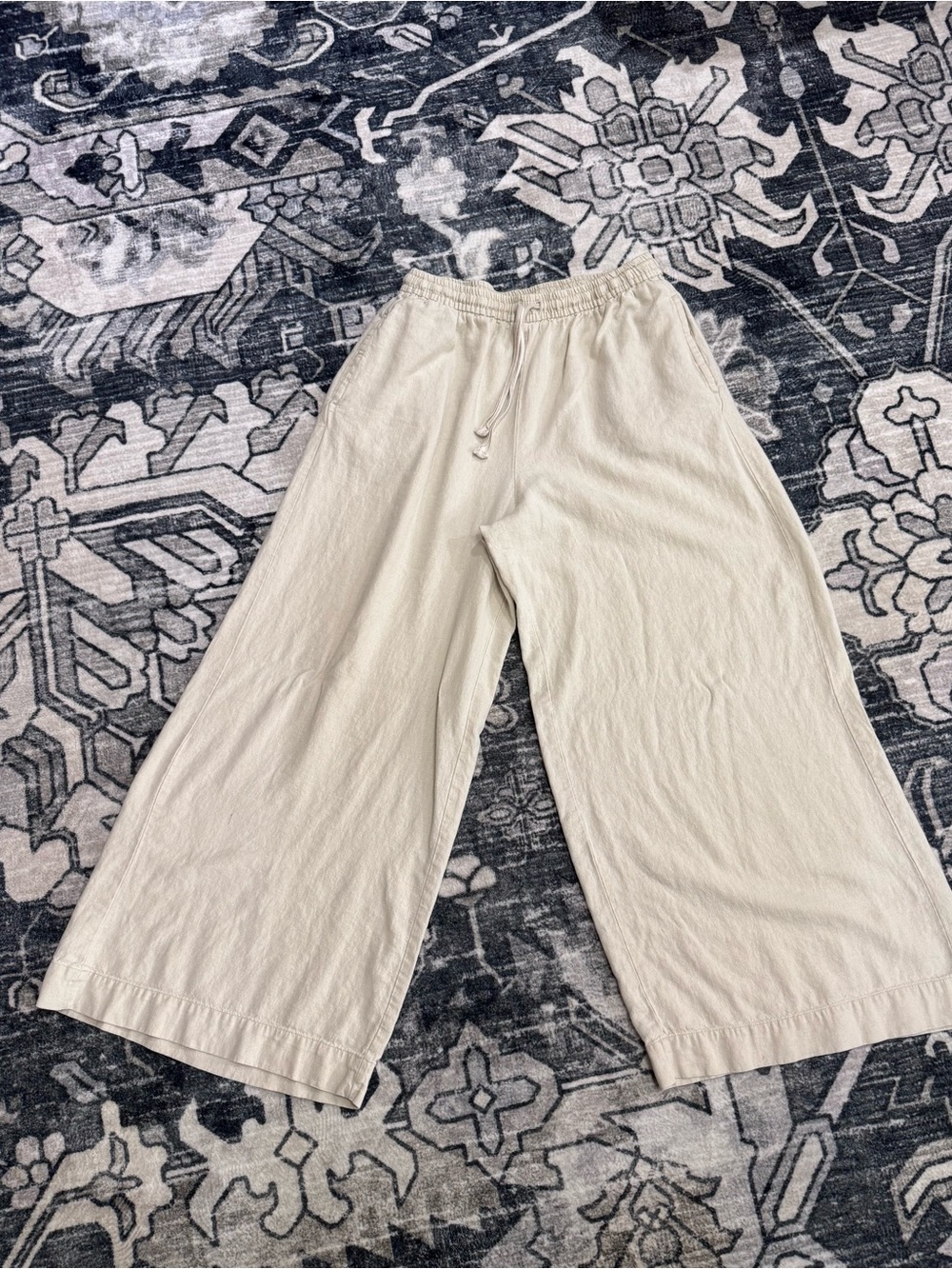Max Studio Linen Blend Cream Wide-Leg Drawstring Palazzo Pants Size Medium
